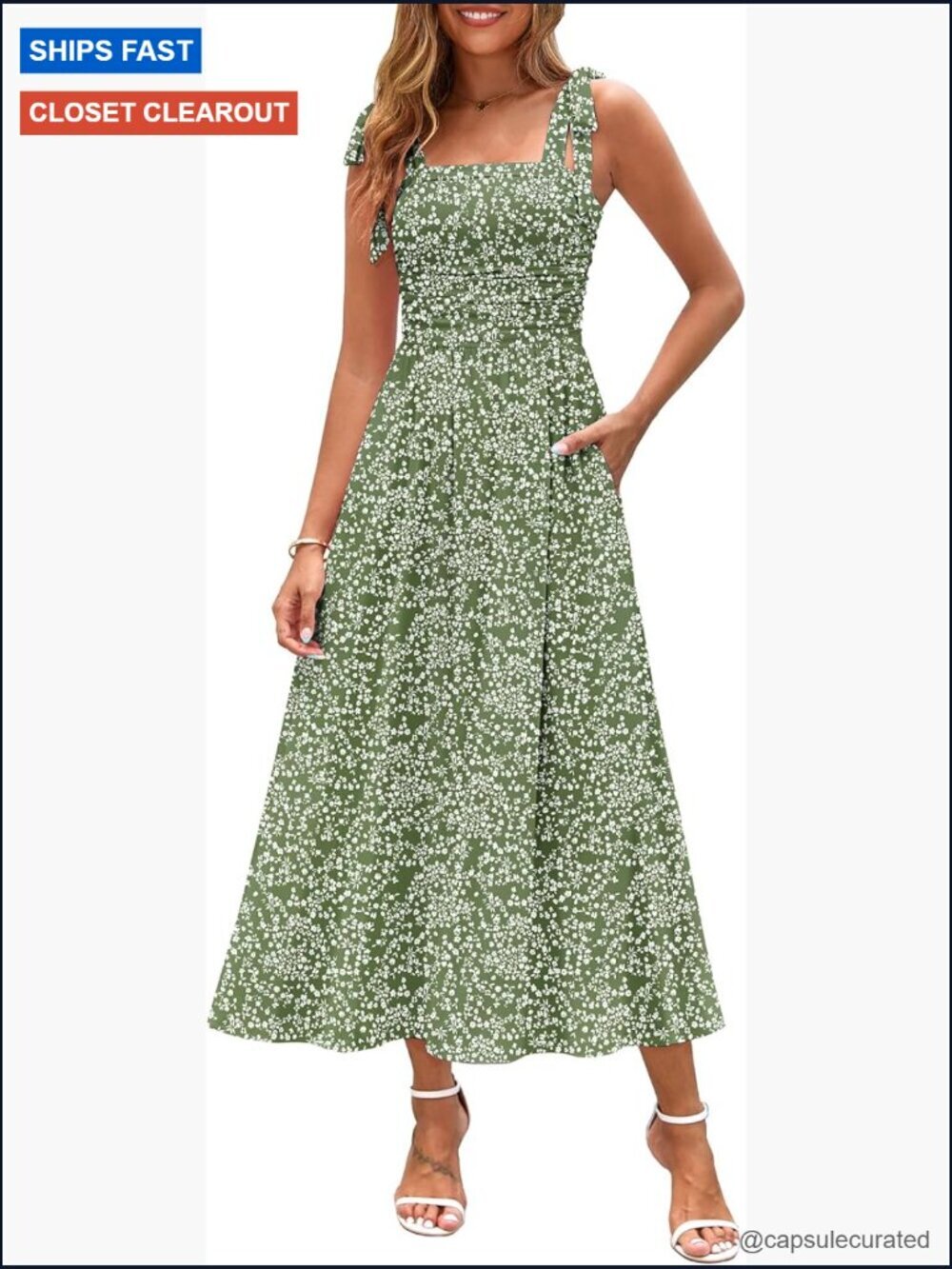Spaghetti Strap Floral Maxi Dress with Pockets Smocked Flowy Beach Sundress